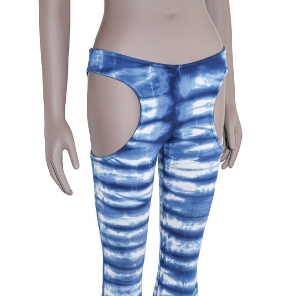 Oh Mighty Boho Chic Blue Tie Dye Cut Out High Waisted Bell‎ Bottom Pants Small - Picture 2 of 4